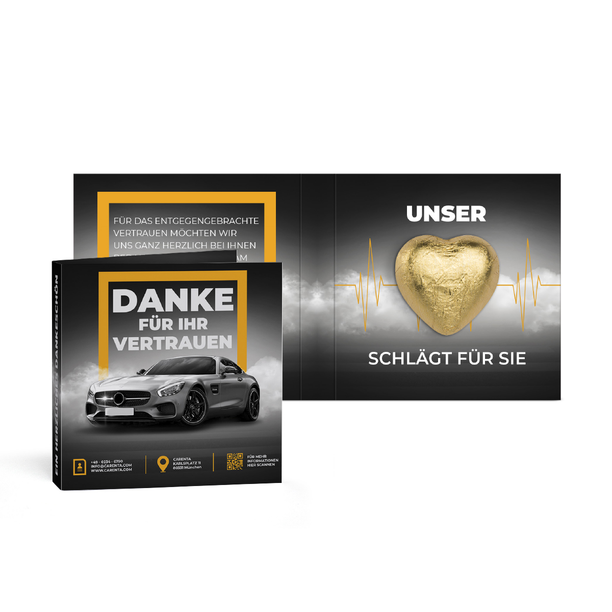 Werbekarte mit Lindt Schokoladen Herz 5 g, ca. 65 x 65 x 12 mm, 5 g, goldenes Herz -