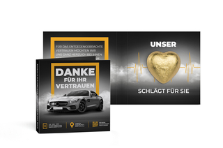 Werbekarte mit Lindt Schokoladen Herz 5 g, ca. 65 x 65 x 12 mm, 5 g, goldenes Herz -