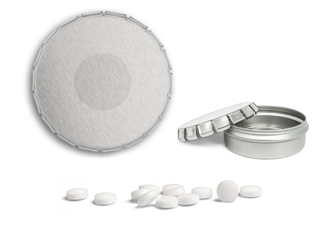 Clic Clac Box, ca. 75 mm Durchmesser, Höhe 22 mm, 50 g, blank - zuckerhaltige Pfefferminztabletten