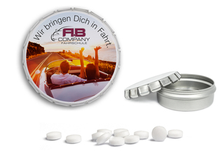 Clic Clac Box, ca. 75 mm Durchmesser, Höhe 22 mm, 50 g, blank - zuckerhaltige Pfefferminztabletten
