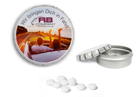 Clic Clac Box, ca. 75 mm Durchmesser, Höhe 22 mm, 50 g, blank - Traubenzuckertabletten