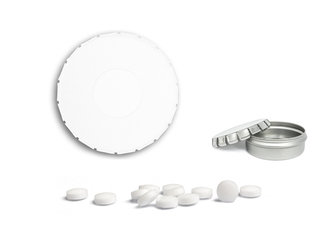 Mini Clic Clac Box, ca. 53 mm Durchmesser, Höhe 18 mm, 20 g, weiß - zuckerhaltige Pfefferminztabletten