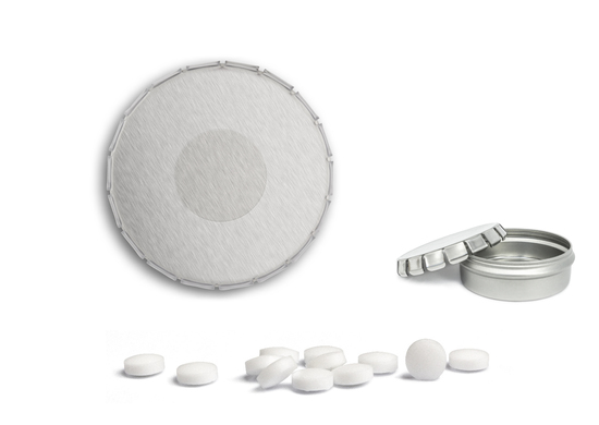 Mini Clic Clac Box, ca. 53 mm Durchmesser, Höhe 18 mm, 20 g, blank - zuckerhaltige Pfefferminztabletten