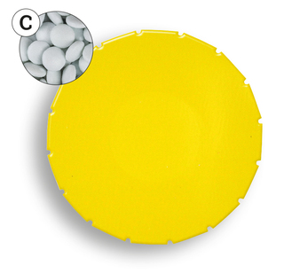 Super Mini Clic Clac Box, ca. 45 mm Durchmesser, Höhe 15 mm, 12 g, PMS Yellow C - Pfefferminztabletten hellblau