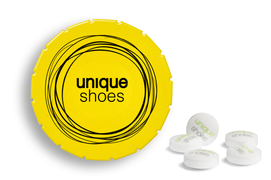 Super Mini Clic Clac Box, ca. 45 mm Durchmesser, Höhe 15 mm, 12 g, PMS Yellow C - Sweetprints Pfefferminz