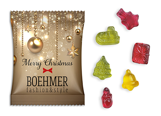 Fruchtgummi Weihnachtsedition, ca. 70 x 90 mm, 10 g, Standard-Folie weiß -