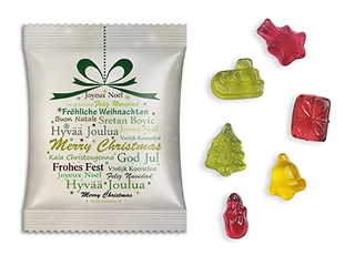 Fruchtgummi Weihnachtsedition, ca. 70 x 90 mm, 10 g, Frohe Weihnachten (mehrsprachig) -