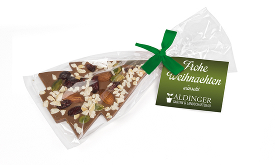 Schoko Christmas Tree, ca. 200 x 90 mm, 30 g, Grüne Schleife - Vollmilchschokolade (Topping Nüsse)