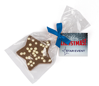 Schoko Weihnachtsstern, ca. 92 x 190 mm, 35 g, Blaue Schleife - Vollmilchschokolade