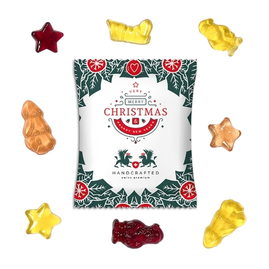 Fruchtgummi Vegan Weihnachtsedition, ca. 90 x 110 mm, 20 g, Standard-Folie weiß -