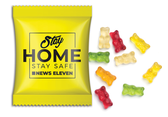 Mini-Gummibärchen vegan im Werbetütchen 15 g Fruchtmischung Papier/PE-Verbundsfolie weiß