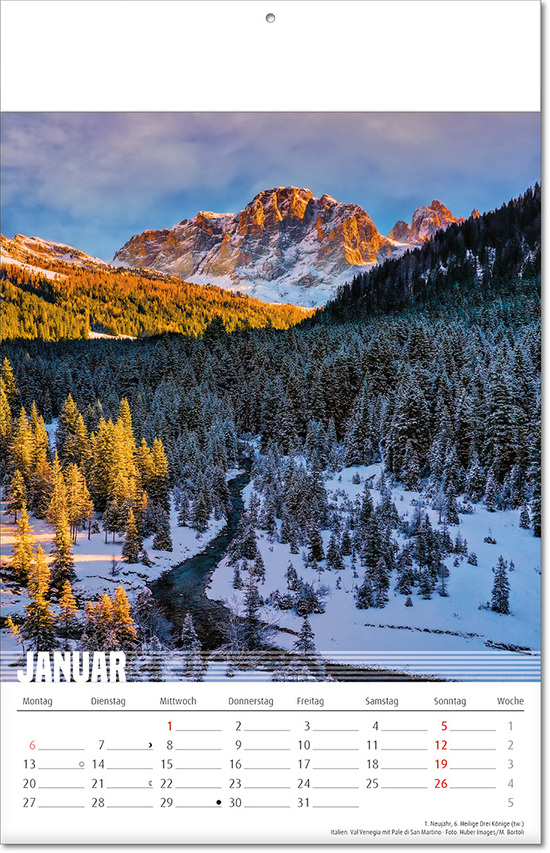 Kalender "Bergwelten" im Format 24 x 37,5 cm, mit Fälzel