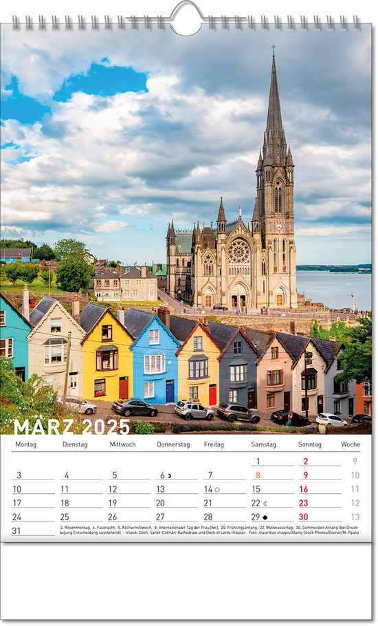 Kalender "Reiseziele" im Format 24 x 38,5 cm, mit Wire-O Bindung und verlängerter Rückwand