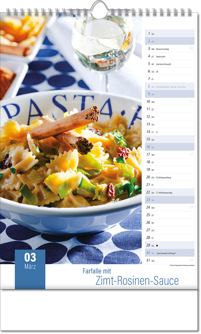Kalender "Aromaküche" im Format 24 x 38,5 cm, mit Wire-O Bindung und verlängerter Rückwand