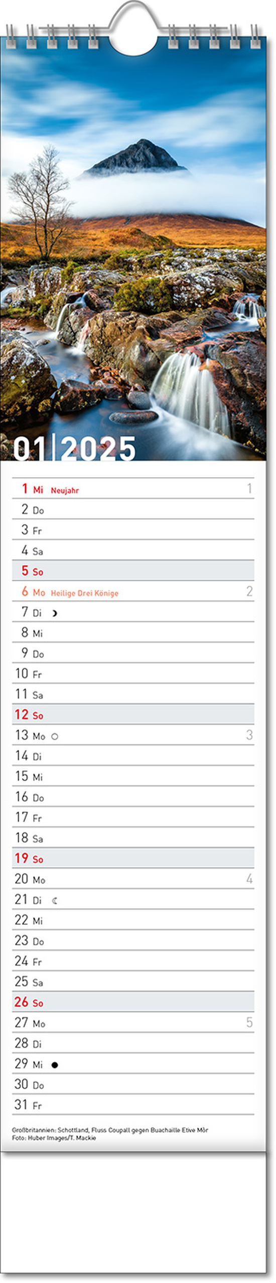 Kalender "Reiseziele" im Format 11 x 51 cm, mit Wire-O-Bindung und verlängerter Rückwand