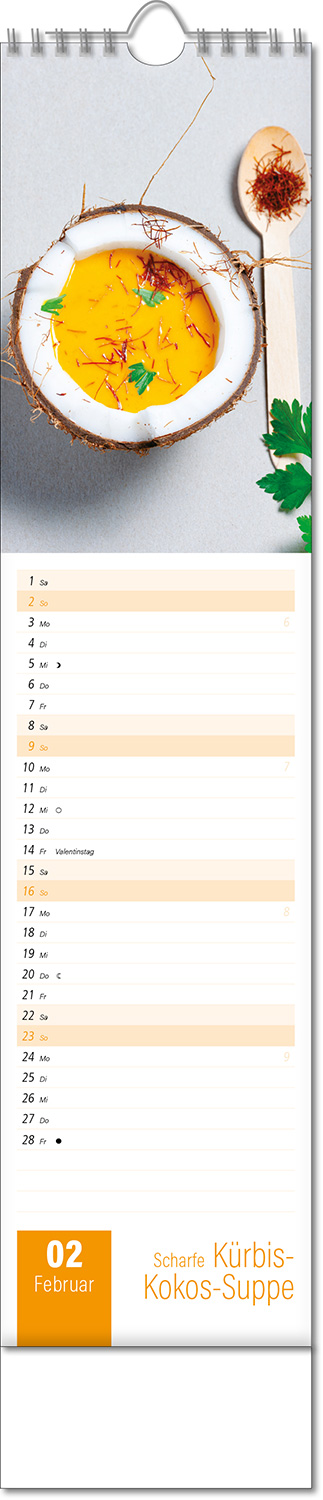 Kalender "Aromaküche" im Format 11 x 51 cm, mit Wire-O-Bindung und verlängerter Rückwand