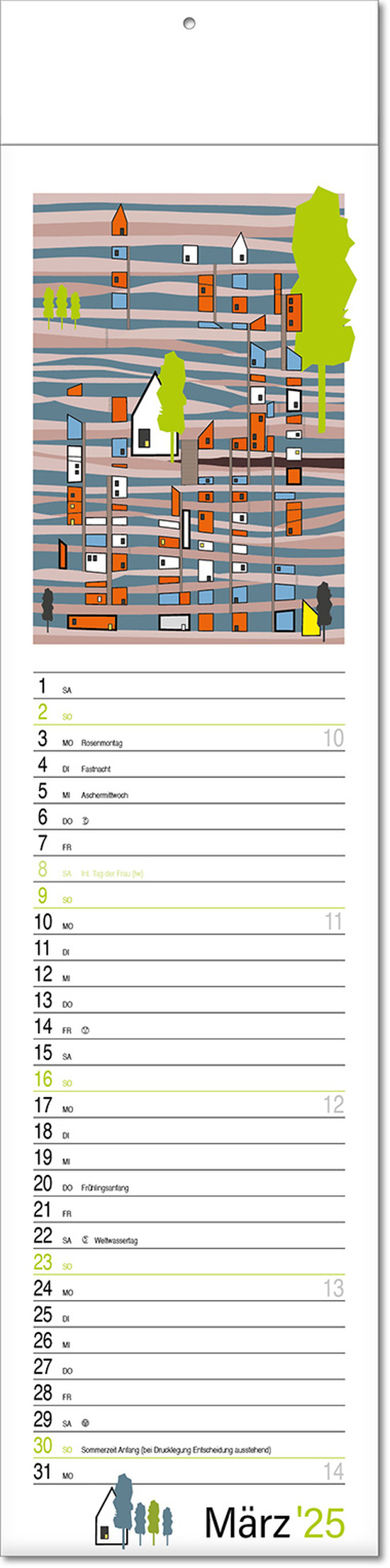 Kalender "Hyygelig" im Format 13 x 53,5 cm, mit Fälzel