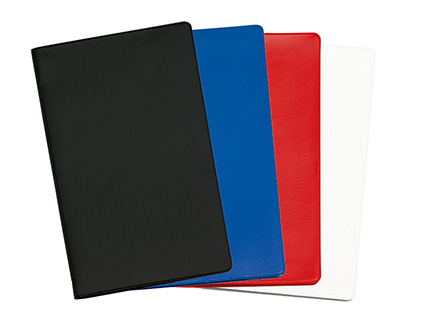 Taschenkalender "Status" im Format 9,5 x 16 cm, Kalendarium Grau/Blau, 32 Seiten gebunden + 16 Seiten ABC-Heft, eingesteckt in PVC-Hülle schwarz