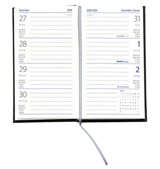 Taschenkalender "Klassik" im Format 8,7 x 15,3 cm, deutsches Kalendarium Grau/Blau mit Leseband, 128 Seiten Fadenheftung, Einband Slinky rot