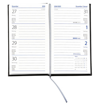 Taschenkalender "Klassik" im Format 8,7 x 15,3 cm, deutsches Kalendarium Grau/Blau mit Leseband, 128 Seiten Fadenheftung, Einband Slinky schwarz
