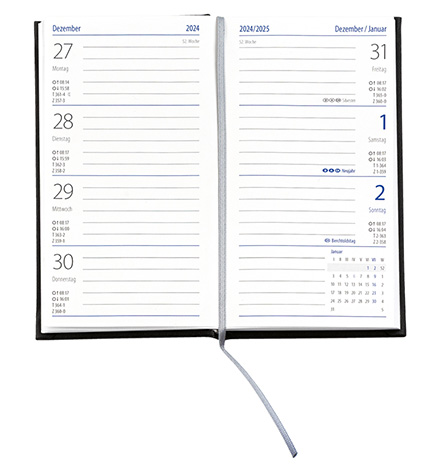 Taschenkalender "Klassik" im Format 8,7 x 15,3 cm, deutsches Kalendarium Grau/Blau mit Leseband, 128 Seiten Fadenheftung, Einband Fashion anthrazit