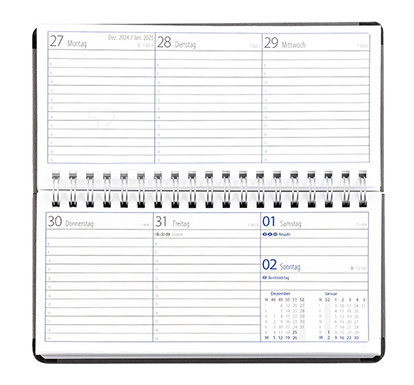 Taschenkalender "Horizontal" im Format 17 x 8 cm, deutsches Kalendarium Grau/Blau, 144 Seiten, Wire-O-Bindung, Eckenperforation, Deckelpaar Fashion mittelgrau
