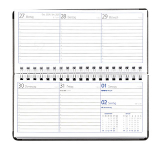 Taschenkalender "Horizontal" im Format 17 x 8 cm, deutsches Kalendarium Grau/Blau, 144 Seiten, Wire-O-Bindung, Eckenperforation, Deckelpaar Magic rot