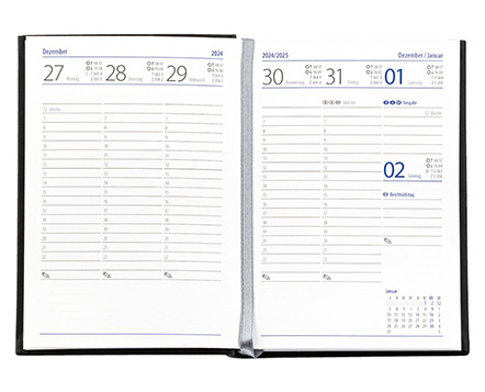 Taschenkalender "Taschenbuch Woche" im Format 10,5 x 14,8 cm, deutsches Kalendarium Grau/Blau mit Leseband, 144 Seiten Fadenheftung, Einband Slinky dunkelblau