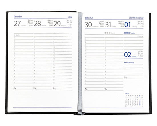 Taschenkalender "Taschenbuch Woche" im Format 10,5 x 14,8 cm, deutsches Kalendarium Grau/Blau mit Leseband, 144 Seiten Fadenheftung, Einband Slinky dunkelblau