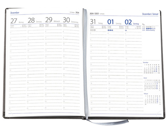 Wochenkalender "Klassik D" im Format 14,5 x 20,5 cm, deutsches Kalendarium Grau/Blau mit Leseband, 144 Seiten Fadenheftung, Eckenperforation, Einband Slinky bordeaux
