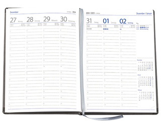 Wochenkalender "Klassik D" im Format 14,5 x 20,5 cm, deutsches Kalendarium Grau/Blau mit Leseband, 144 Seiten Fadenheftung, Eckenperforation, Einband Fashion mittelgrau