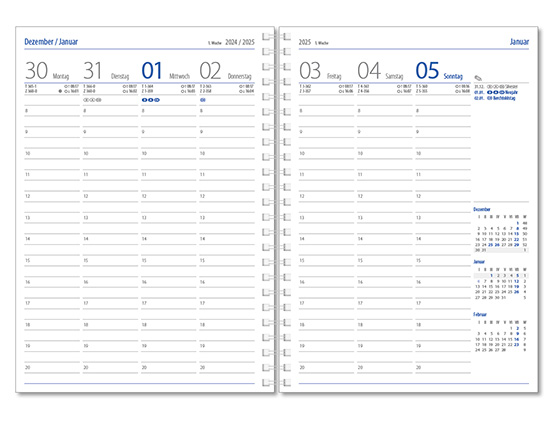 Wochenkalender "Klassik D Wire" im Format 14,5 x 20,5 cm, deutsches Kalendarium Grau/Blau, 144 Seiten, Wire-O-Bindung, mit Eckenperforation, Deckelpaar Balacron burgund