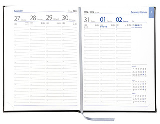 Wochenkalender "Business D" im Format 17,2 x 24 cm, deutsches Kalendarium Grau/Blau mit Leseband, 144 Seiten Fadenheftung, Eckenperforation, Einband Balacron dunkelblau