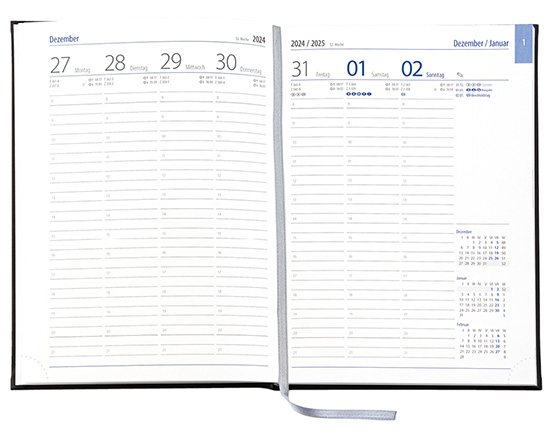 Wochenkalender "Business D" im Format 17,2 x 24 cm, deutsches Kalendarium Grau/Blau mit Leseband, 144 Seiten Fadenheftung, Eckenperforation, Einband Magic rot