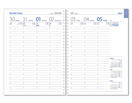 Wochenkalender "Business D Wire" im Format 17,2 x 24 cm, deutsches Kalendarium Grau/Blau, 144 Seiten, Wire-O-Bindung, mit Eckenperforation, Deckelpaar Slinky schwarz