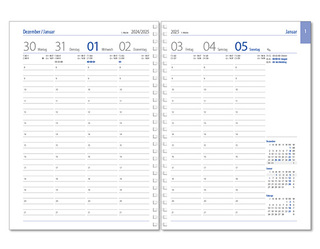 Wochenkalender "Business D Wire" im Format 17,2 x 24 cm, deutsches Kalendarium Grau/Blau, 144 Seiten, Wire-O-Bindung, mit Eckenperforation, Deckelpaar Balacron dunkelblau