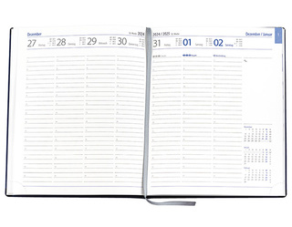 Wochenkalender "Manager D" im Format 21 x 26 cm, deutsches Kalendarium Grau/Blau mit Leseband, 144 Seiten Fadenheftung, Eckenperforation, Einband Slinky rot