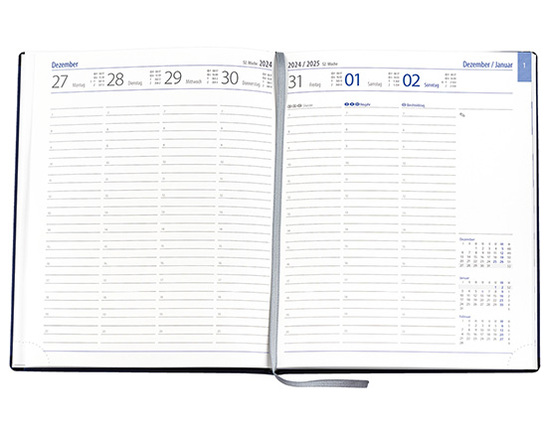 Wochenkalender "Manager D" im Format 21 x 26 cm, deutsches Kalendarium Grau/Blau mit Leseband, 144 Seiten Fadenheftung, Eckenperforation, Einband Balacron dunkelblau