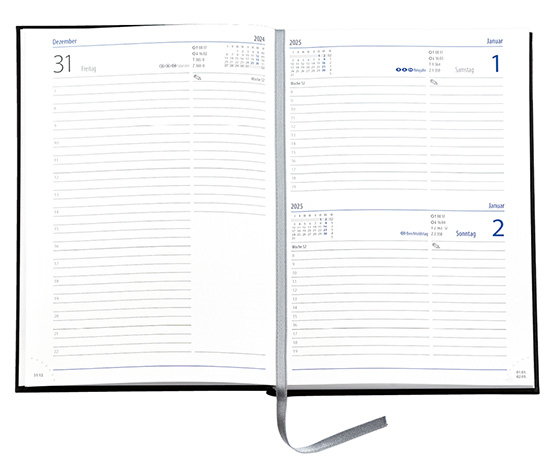 Buchkalender "Trend Chefkalender D" im Format 14,5 x 20,5 cm, deutsches Kalendarium Grau/Blau mit Leseband, 352 Seiten Fadenheftung, Eckenperforation, Einband Slinky mittelblau