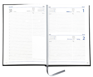 Buchkalender "Trend Chefkalender D" im Format 14,5 x 20,5 cm, deutsches Kalendarium Grau/Blau mit Leseband, 352 Seiten Fadenheftung, Eckenperforation, Einband Slinky rot