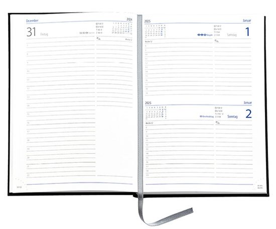 Buchkalender "Trend Chefkalender D" im Format 14,5 x 20,5 cm, deutsches Kalendarium Grau/Blau mit Leseband, 352 Seiten Fadenheftung, Eckenperforation, Einband Slinky schwarz
