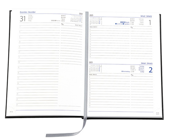 Buchkalender "Trend Chefkalender INT" im Format 14,5 x 20,5 cm, Kalendarium 4-sprachig D/F/I/GB Grau/Blau mit Leseband, 352 Seiten Fadenheftung, Eckenperforation, Einband Slinky dunkelblau