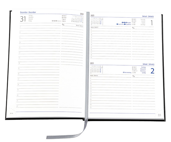 Buchkalender "Trend Chefkalender INT" im Format 14,5 x 20,5 cm, Kalendarium 4-sprachig D/F/I/GB Grau/Blau mit Leseband, 352 Seiten Fadenheftung, Eckenperforation, Einband Slinky rot