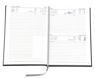 Buchkalender "Trend Chefkalender INT" im Format 14,5 x 20,5 cm, Kalendarium 4-sprachig D/F/I/GB Grau/Blau mit Leseband, 352 Seiten Fadenheftung, Eckenperforation, Einband Balacron dunkelblau