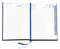 Buchkalender "Daily Chefkalender Register INT" im Format 14,5 x 20,5 cm, Kalendarium 4-sprachig D/F/I/GB Grau/Blau mit 2 Lesebändern und Registerstanzung, 416 Seiten Fadenheftung, Eckenperforation, Einband Magic mittelblau