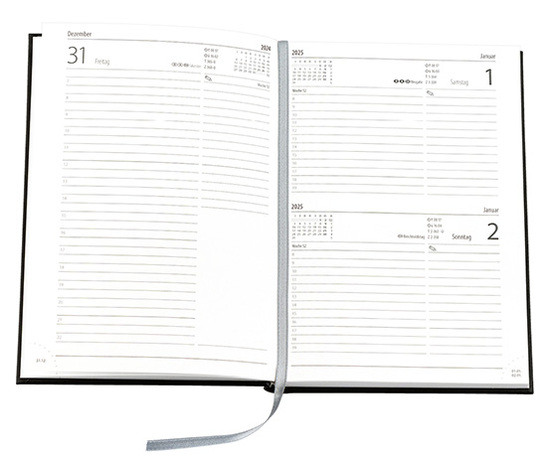 Buchkalender "Basic Chefkalender" im Format 14,5 x 20,5 cm, deutsches Kalendarium Grau mit Leseband, 320 Seiten Fadenheftung, Eckenperforation, Einband Balacron weiß