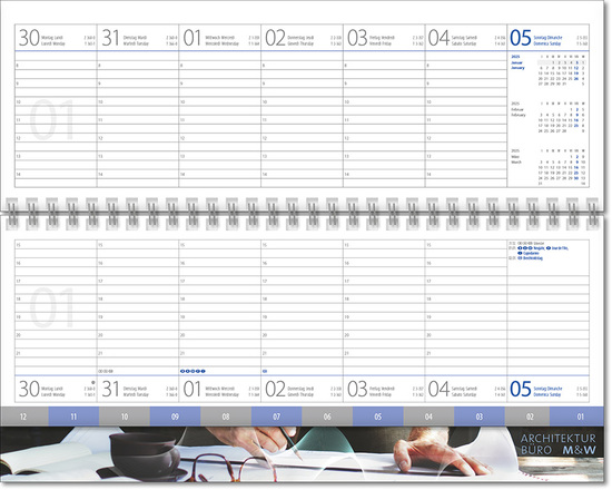 Schreibtischquerkalender "Premium" mit überstehender Kartonrückwand im Format 30,5 x 13,5 cm, mit Registerschnitt