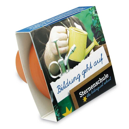 Logo-Töpfchen Banderole mit Samen - Ringelblume