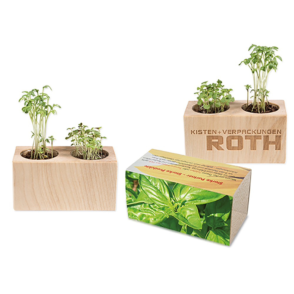 Pflanz-Holz 2er Set mit Samen - Basilikum, 1 Seite gelasert