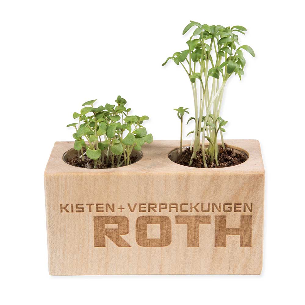 Pflanz-Holz 2er Set mit Samen - Kräutermischung, 1 Seite gelasert